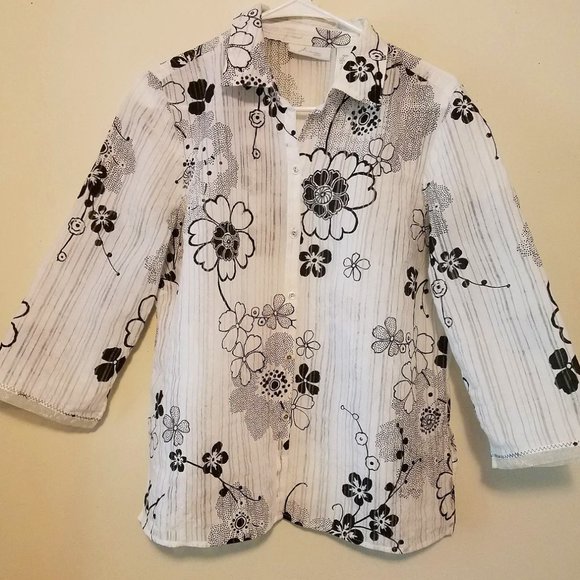 Vintage Hawaiian Shirt Womens Blouse LG Black & White Tunic J.H. Collectibles - Picture 1 of 10